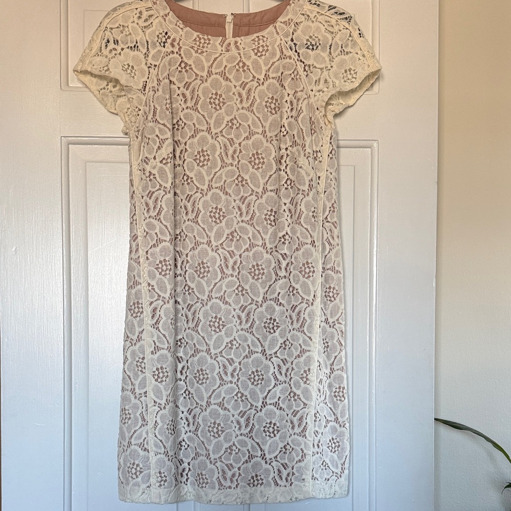 LOFT Cream Lace Midi Shift Dress with Blush Lining